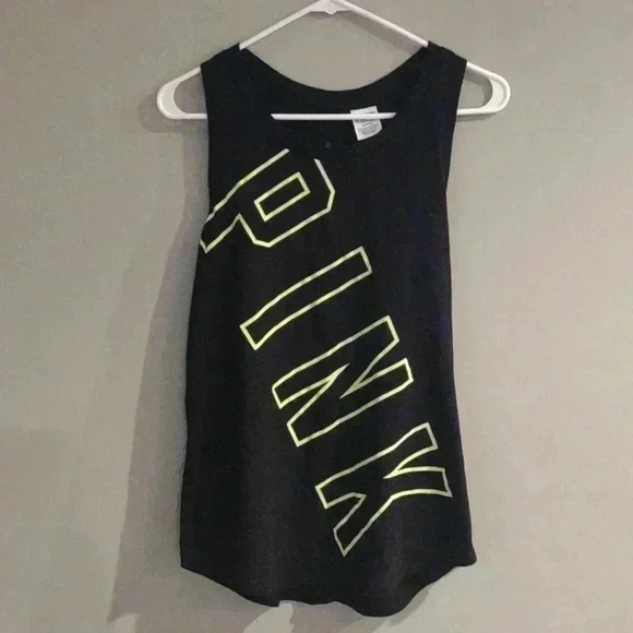 Victoria Secret PINK racer back black tank with neon green logo‎ women's medium - Picture 1 of 4